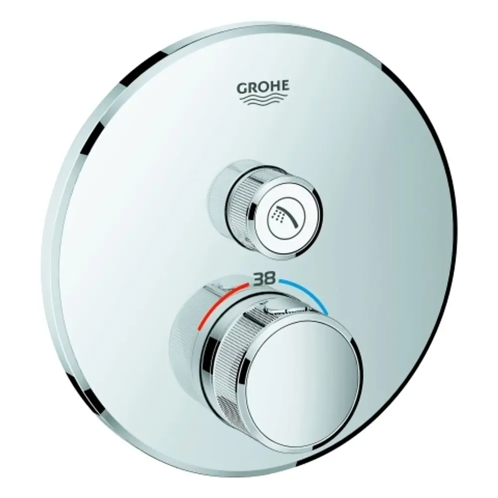 Runder chromfarbener Grohe-Thermostat mit zwei Bedienelementen zur Temperatur- und Wasserflussregelung. Rot und blau markierte Skala für Temperaturanzeigen.