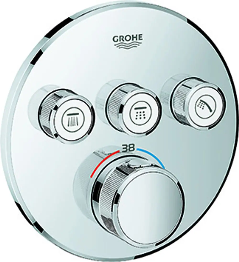 Thermostat von Grohe mit runder Oberfläche und drei Absperrventilen. Kennzeichnung für Temperaturregelung in der Mitte. Chromausführung.