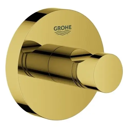 GROHE-Bademantelhaken in goldener Ausführung mit runder Basis und drehbarem Haken. Das Produkt hat eine glatte Oberfläche und ist für Wandmontage geeignet.