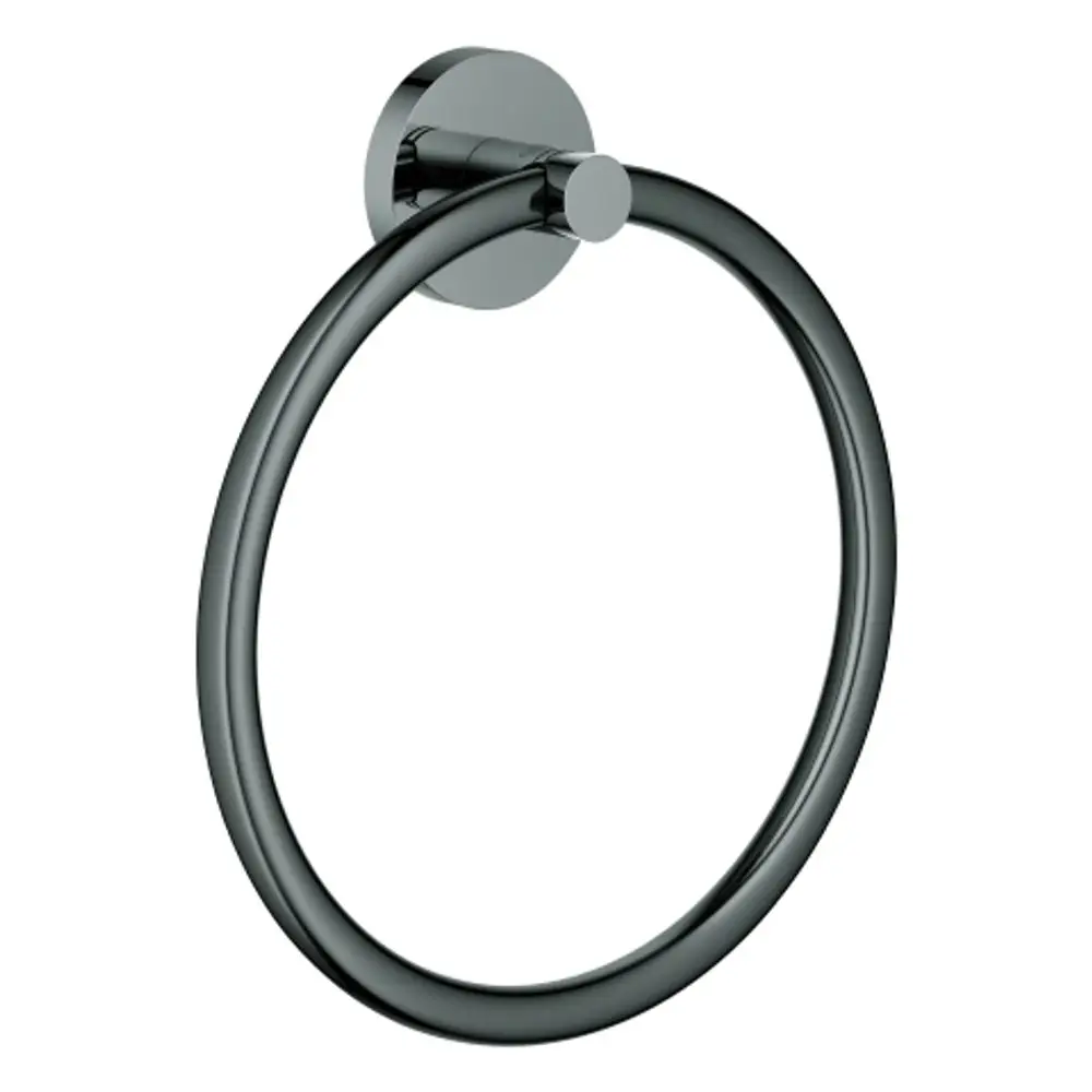 Grohe Handtuchring in einer runden Form, montiert an einer Wand, mit einem grauen Finish. Der Ring ist an einer runden Halterung befestigt.