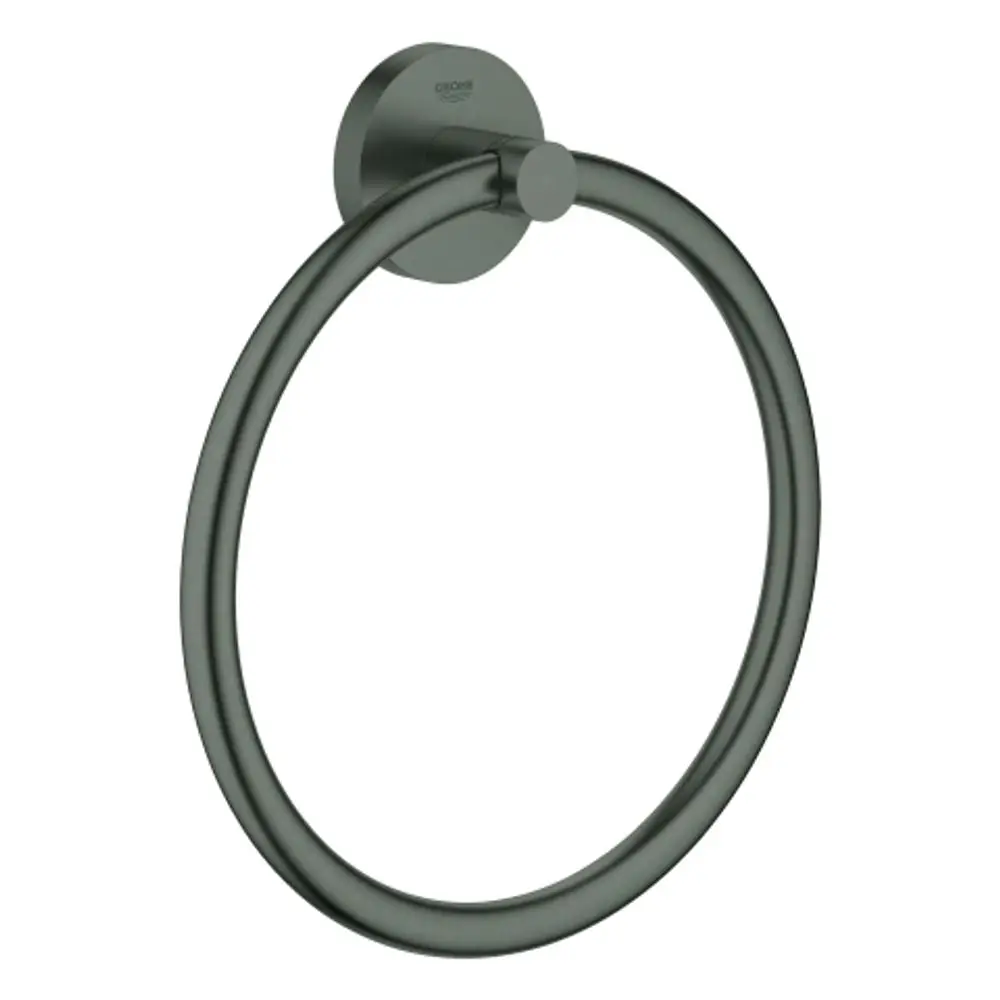 GROHE Handtuchring aus Metall in hard graphite, rundes Design, montiert an einer Wandplatte, geeignet für Badezimmer oder WC.