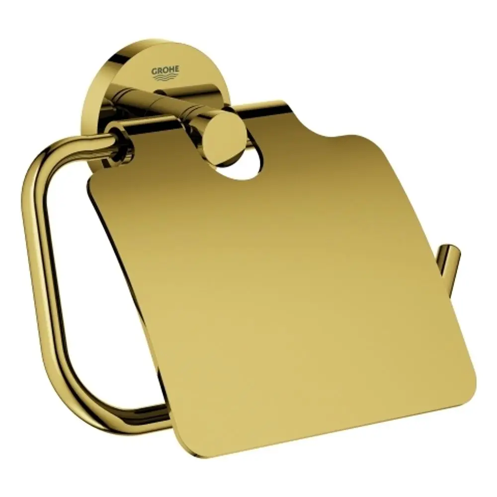 Goldener Grohe WC-Papierhalter mit Deckel, an einer Wand montiert. Das Design zeigt eine flache, rechteckige Halterung mit einer runden Aufhängung.