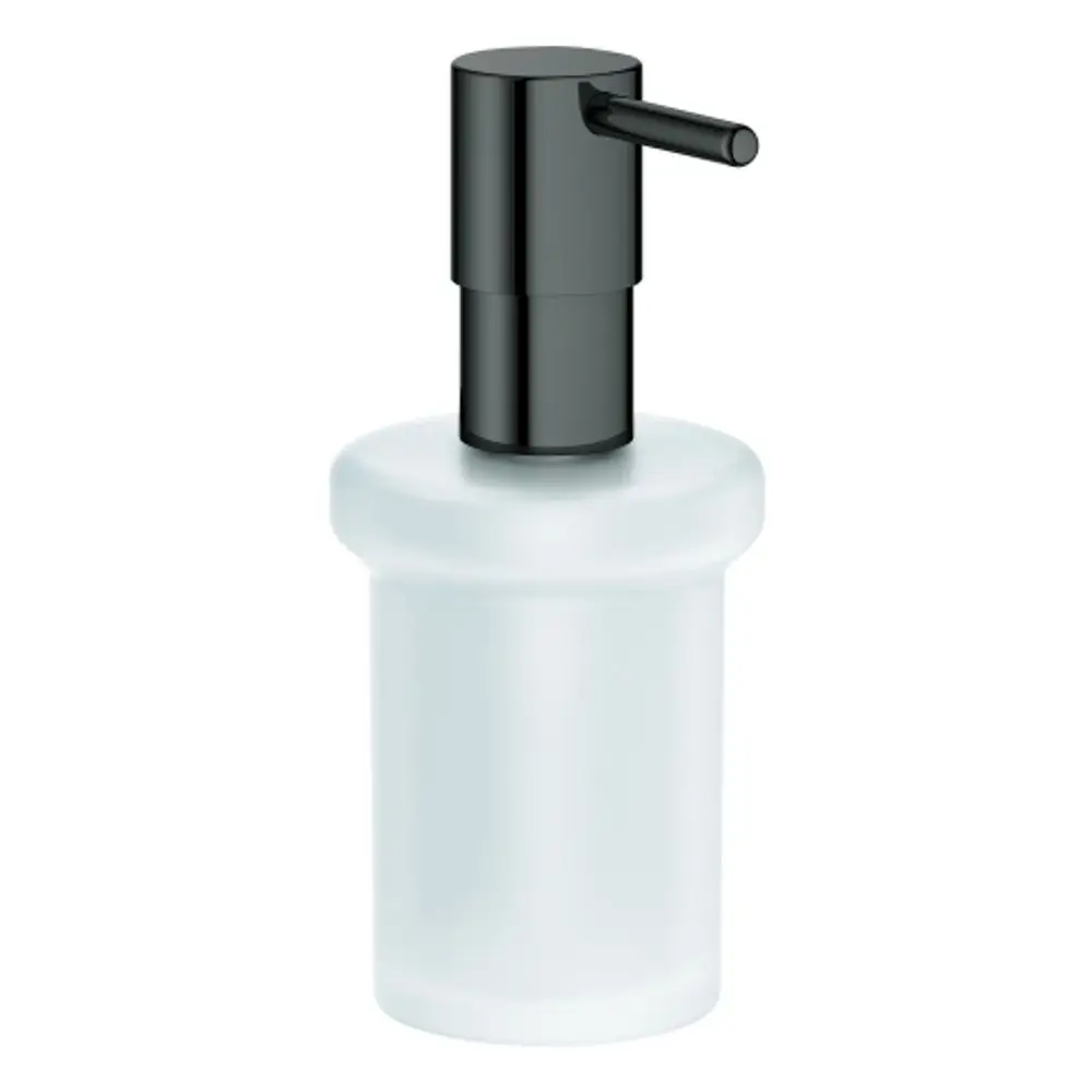 GROHE Seifenspender mit schwarzem Pumpmechanismus und transparentem Behälter, geeignet für verschiedene Halter. Minimalistisches Design für Badezimmer oder Küche.