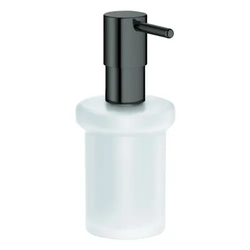 GROHE Seifenspender mit schwarzem Pumpmechanismus und transparentem Behälter, geeignet für verschiedene Halter. Minimalistisches Design für Badezimmer oder Küche.