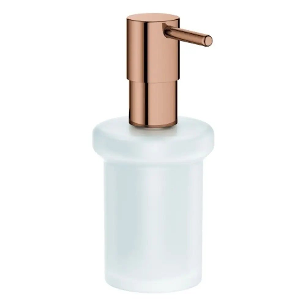 GROHE Seifenspender mit einem matten weißen Körper und einem glänzenden, roségoldenen Pumpenkopf, geeignet für Badezimmeranwendungen.