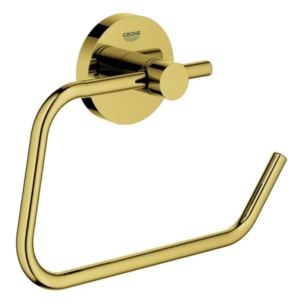 Goldfarbener Grohe WC-Papierhalter mit runder Wandplatte und offenem Halter. Die Konstruktion lässt sich in modernen Badezimmern integrieren.