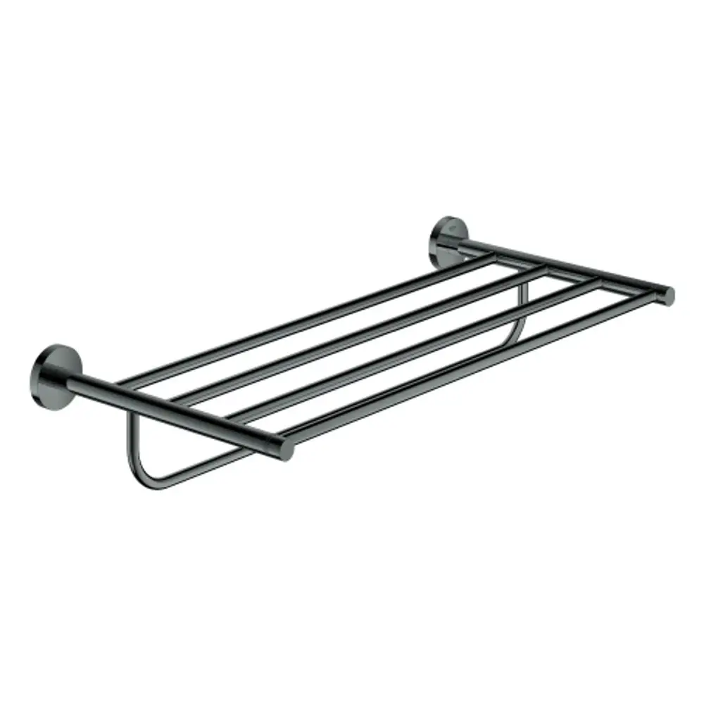 Hängender Handtuchhalter aus Metall in dunkler Ausführung, mit mehreren horizontalen Stangen zur Ablage von Handtüchern. Markenlabel: Grohe.