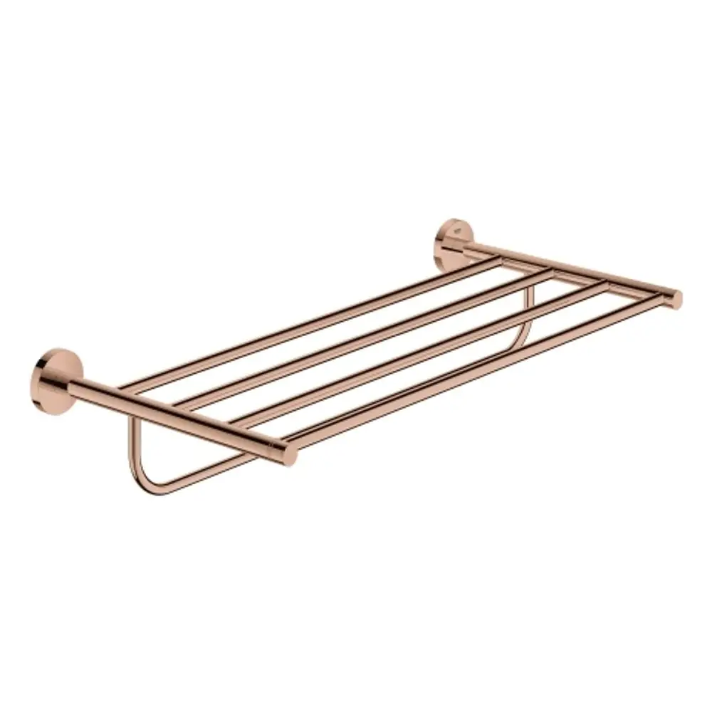 Wandmontierter Handtuchhalter aus Metall in warmem Kupferton, mit mehreren horizontalen Stangen zur Aufhängung von Handtüchern. Hersteller ist Grohe.