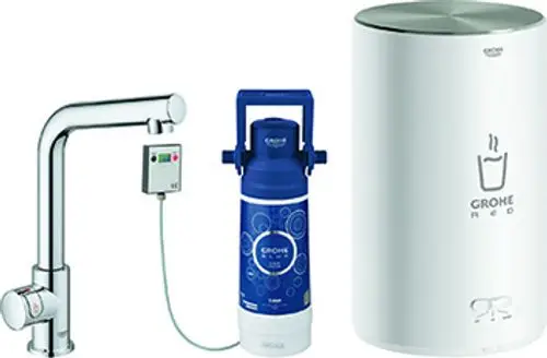 GROHE Wasserhahn mit Edelstahlauslauf, digitalem Steuergerät und separatem Boiler, zusammenhängende Verbindungselemente, für die Bereitstellung von heißem Wasser.