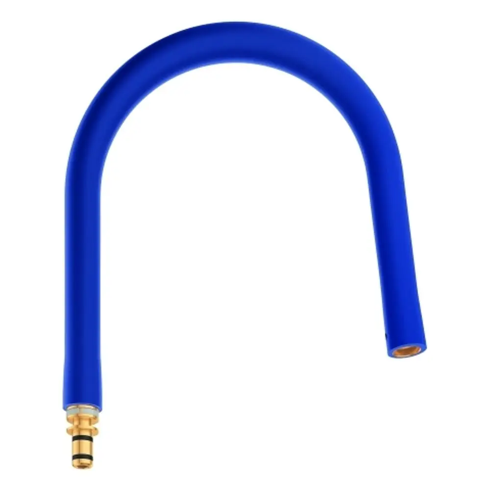 Blauer Schlauch mit gebogenem Design und einem Anschluss. Teil eines Grohe-Systems, geeignet für Küchenarmaturen.