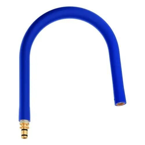 Blauer Schlauch mit gebogenem Design und einem Anschluss. Teil eines Grohe-Systems, geeignet für Küchenarmaturen.