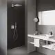 Grohe Duschbereich mit Kopfbrause, modernes Design in Schwarz und Chrom. Wandhängendes Waschbecken mit einer flachen Waschfläche und Spiegel an der Wand. Handtuchablage vorhanden.