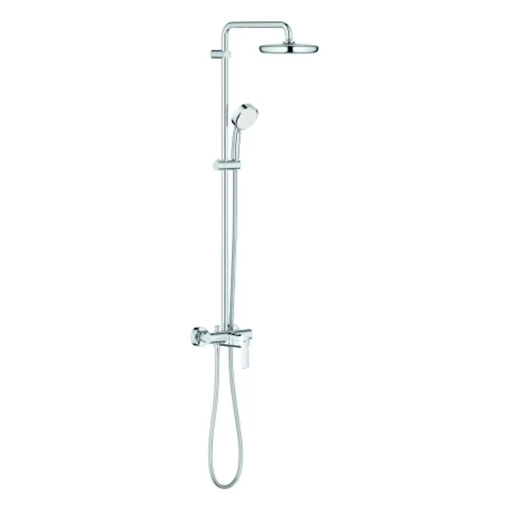 Duschsystem von Grohe mit einem oberen Regenhead und einem Handbrause, verbunden durch eine elegante Halterung und einem Einhandmischer für die Wasserregulierung.
