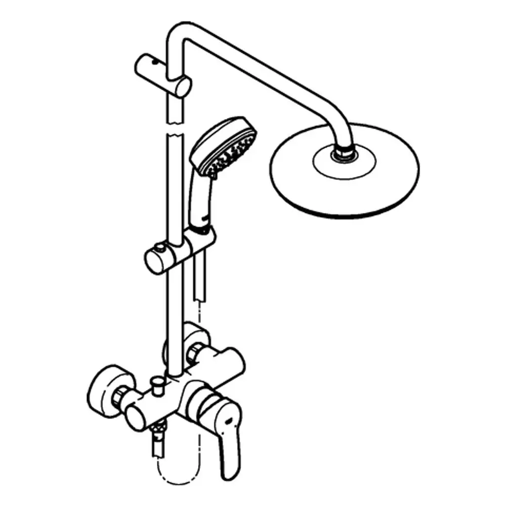 Duschsystem von Grohe mit Handbrause und Overhead-Duschkopf, kombiniert mit einem Einhandmischer, präsentiert in einem klaren, funktionalen Design.