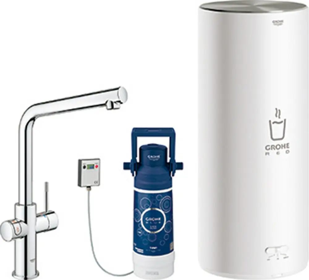 GROHE Armatur mit Auslauf, gesteuert über zwei Griffe, sowie ein verbauter Boiler in weißer Farbe und ein CO2-Zylinder in blauer Verpackung.