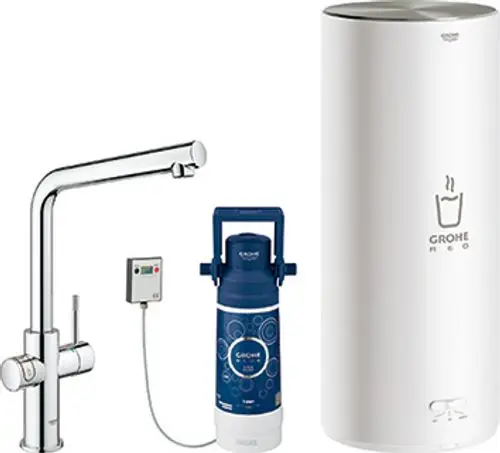 GROHE Armatur mit Auslauf, gesteuert über zwei Griffe, sowie ein verbauter Boiler in weißer Farbe und ein CO2-Zylinder in blauer Verpackung.