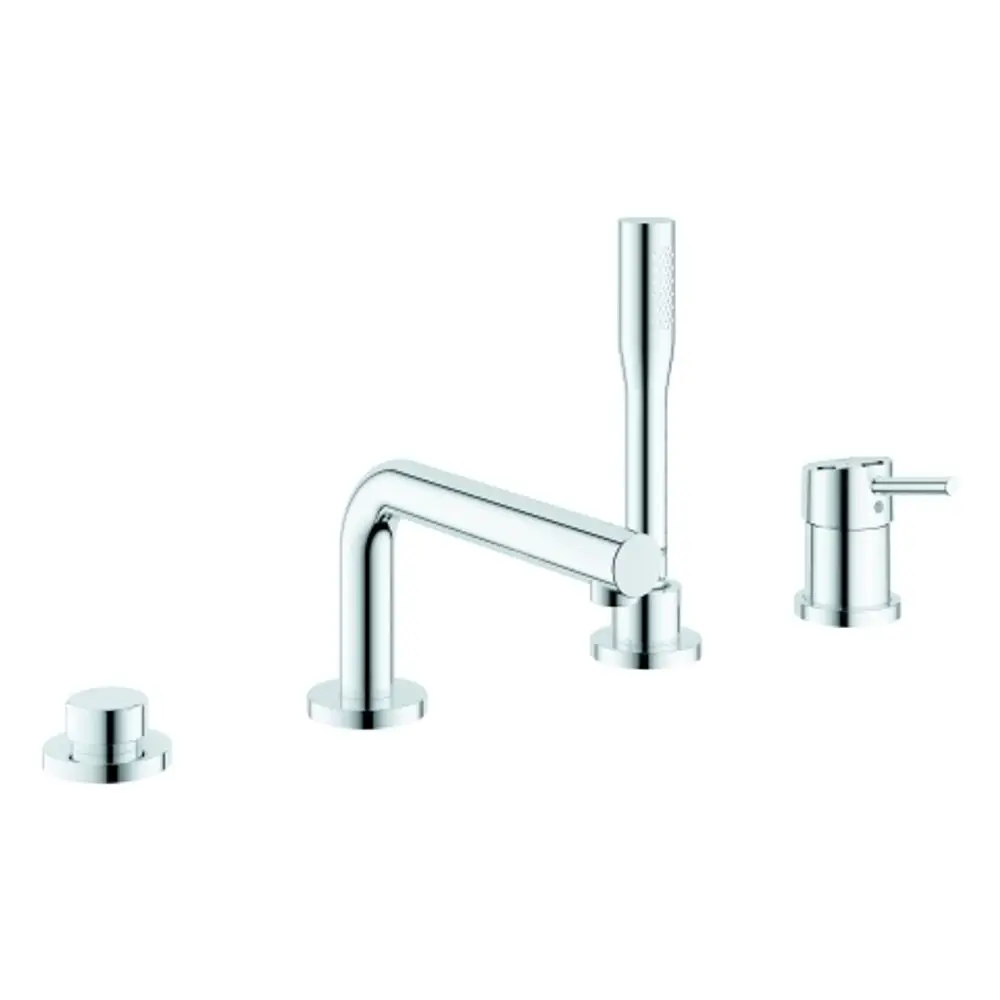Grohe-Wannenkombination mit vier Anschlüssen, bestehend aus einem Wasserhahn mit integrierter Handbrause und zugehörigen Bedienelementen in Chrom.