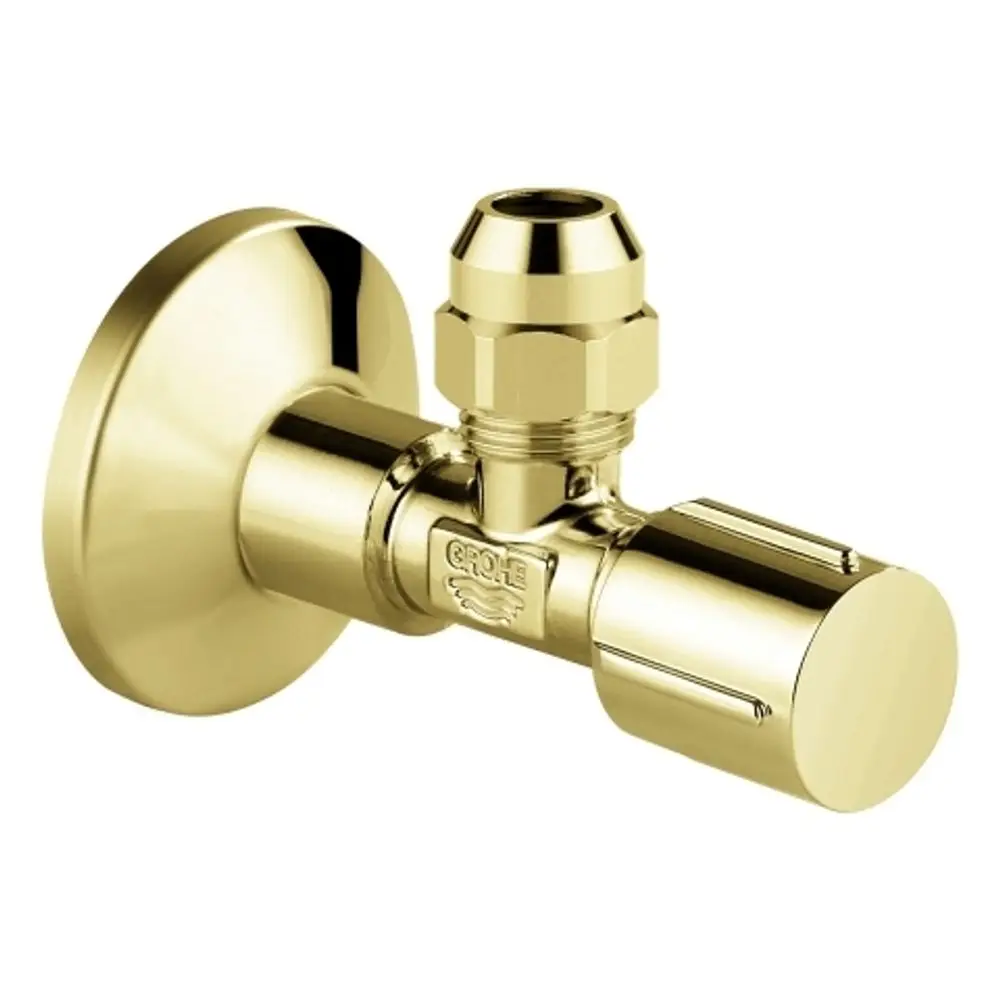 Eckventil aus verchromtem Metall mit rundem Wandflansch und einem griffartigen Mechanismus, hergestellt von Grohe, zur Regulierung des Wasserflusses in Rohrleitungen.