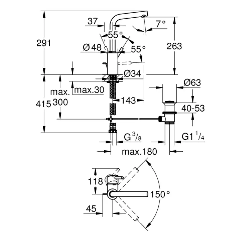 GROHE-Waschtischbatterie mit einem gebogenen Auslauf und verschiedenen Maßangaben zur Installation. Übersichtliche technische Zeichnung mit Details zu Anschlüssen und Bewegungsbereich.