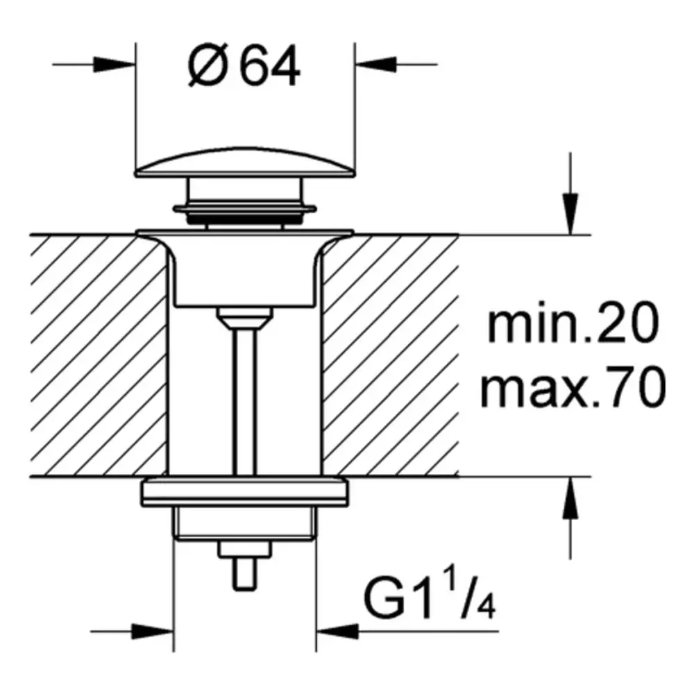 GROHE Ablaufgarnitur mit einem Durchmesser von 64 mm, Montageanleitung zeigt Einbau in eine Wand mit min. 20 mm und max. 70 mm Dicke. G1¼ Anschluss unten.