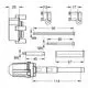 Technisches Diagramm eines Produkts von Grohe, bestehend aus verschiedenen Bauteilen und Abmessungen, die in einer technischen Zeichnung dargestellt sind.