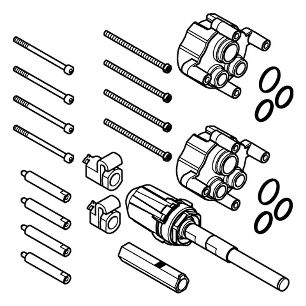 Schematische Darstellung einer Grohe-Produktkomponente mit verschiedenen Schrauben, Dichtungen und Bauteilen eines Installationssystems in einer technischen Zeichnung.