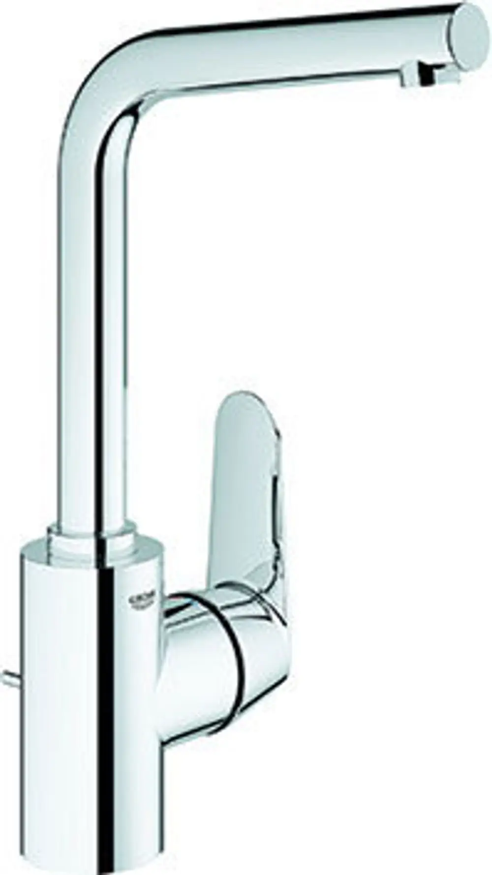Waschtischbatterie in glänzendem Chrom von Grohe mit einer L-förmigen Auslaufarmatur und einem Hebel zur Steuerung von Wasserfluss und Temperatur.