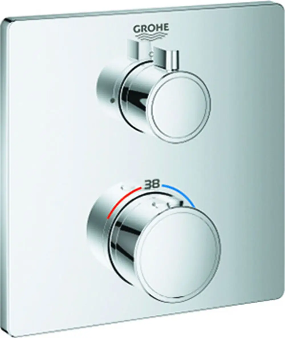 Chromfarbige Steuerungseinheit von Grohe mit zwei Reglern. Ein Regler für die Temperatur, der andere für die Intensität des Wasserflusses. Hochwertige Oberfläche.