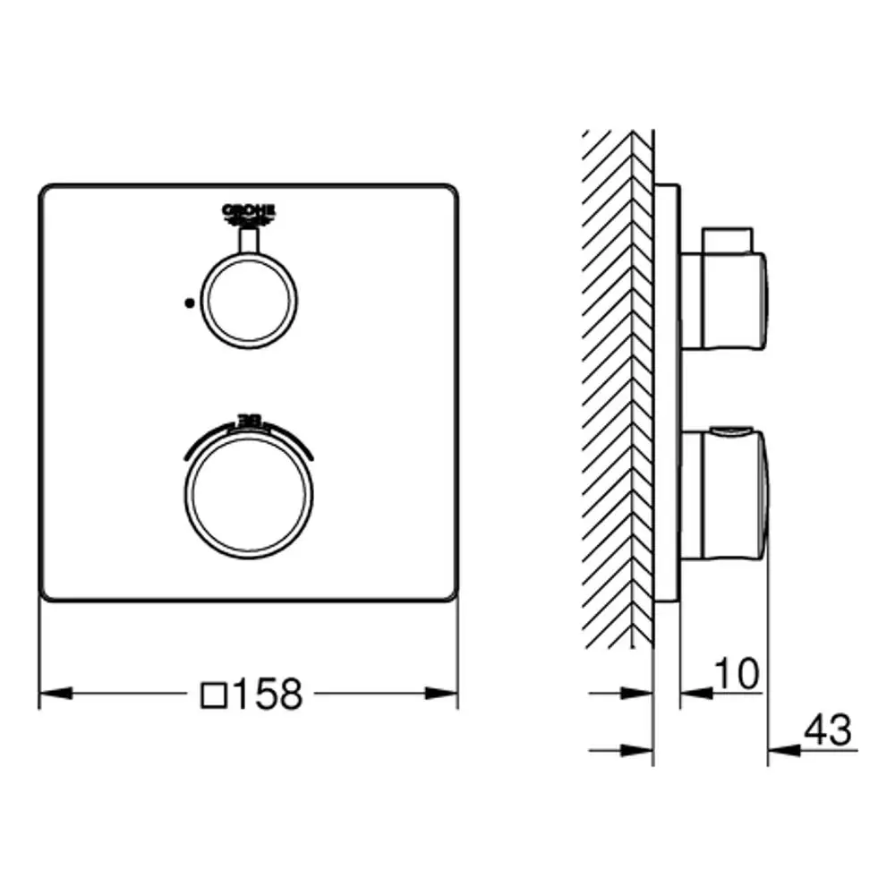 GROHE Steuerungselement für eine Brausebatterie. Quadratisches Bedienfeld mit zwei runden Reglern und seitlichen Anschlüssen, montiert an einer Wand.