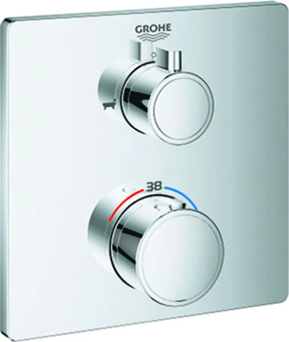 GROHE-Wannenbatterie mit zwei Bedienelementen auf einer spiegelnden Fläche, eines mit Temperaturanzeige. Ausführung in Chromoptik.