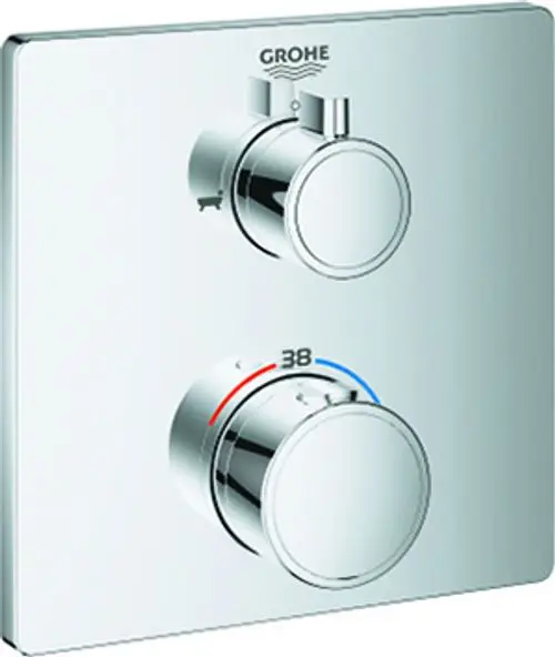 GROHE-Wannenbatterie mit zwei Bedienelementen auf einer spiegelnden Fläche, eines mit Temperaturanzeige. Ausführung in Chromoptik.