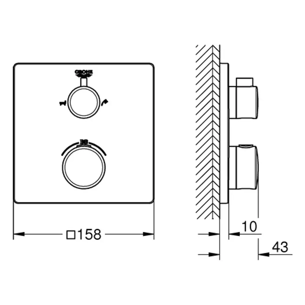 GROHE-Armatur mit zwei runden Bedienelementen, Gehäuse in quadratischer Form, seitliche Anschlüsse, Wandmontage, dargestellte Maße und Konfiguration.