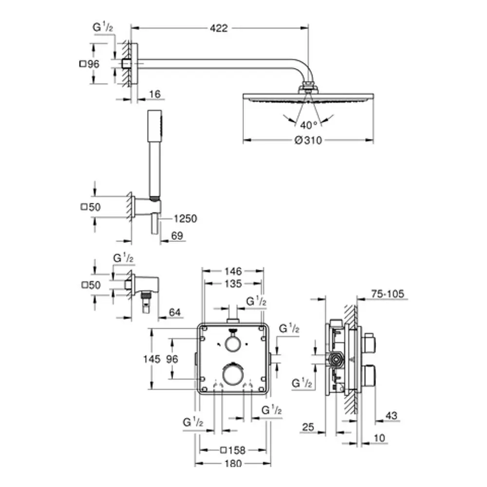 Duschsystem von Grohe mit Wandmontage, Kopfbrause und Armaturen, inklusive Montageschablone und Abmessungen für Installation. Technische Zeichnung mit Maßangaben.