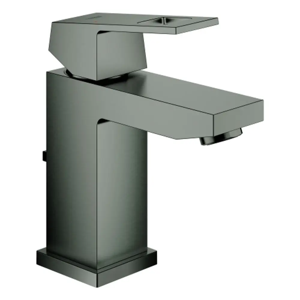 Grohe-Waschtischarmatur in gebürsteter graphitfarbenen Ausführung mit einem rechteckigen Design und einem flachen Auslauf.