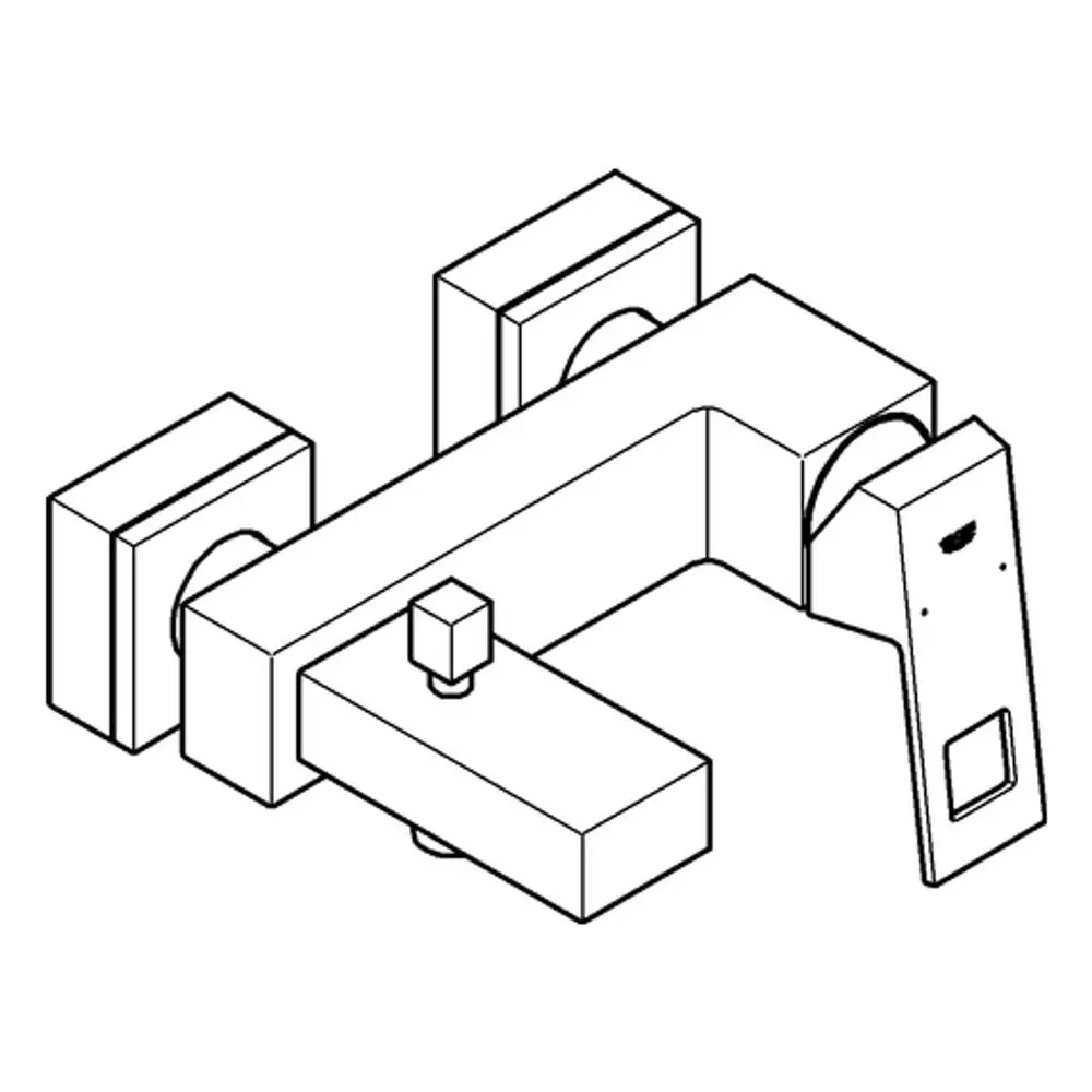 Wannenbatterie von Grohe mit Wandmontage, zeichnerische Darstellung in einem technischen Stil. Sichtbare Elemente wie Wasserhahn und Montageplatten.