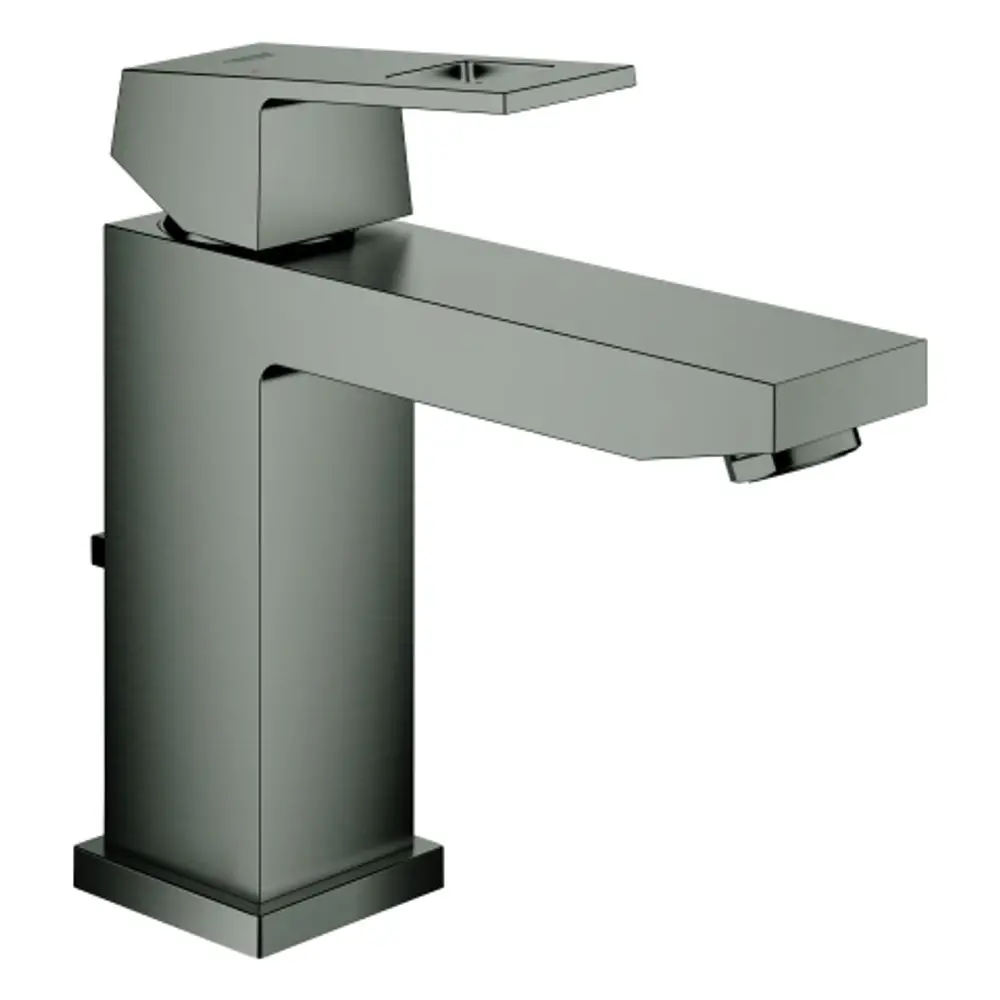 GROHE-Waschtischbatterie mit mittelhoher, rechteckiger Bauform und gebürsteter Hardgraphit-Oberfläche. Einhebelmischer für den Einsatz am Waschbecken.