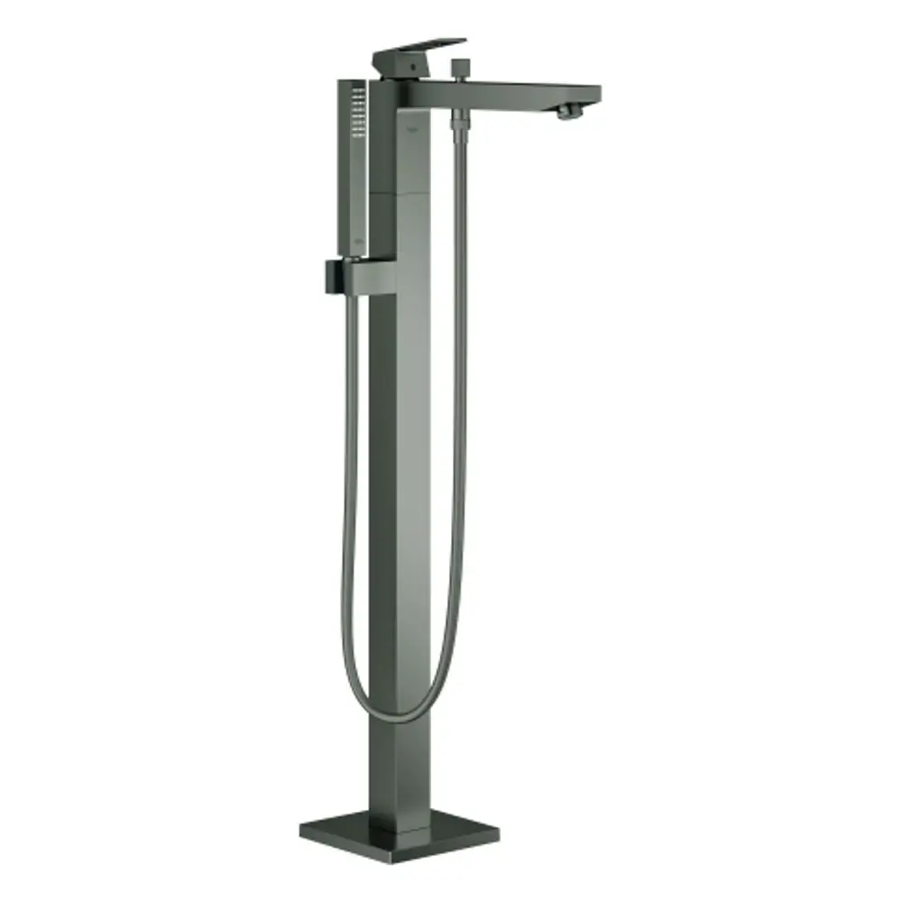 GROHE Eurocube Wannenbatterie in hard graphite mit Bodenmontage. Erscheinungsbild mit Handbrause und geradem Auslauf.