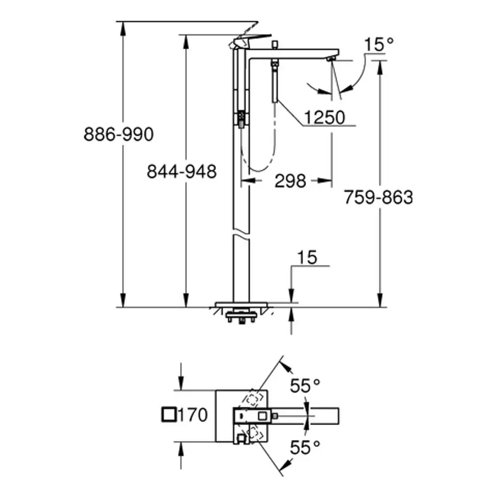 GROHE Armatur mit Bodenmontage, grafitfarben, technische Zeichnung mit detaillierten Maßen und Winkeldarstellungen von verschiedenen Positionen.
