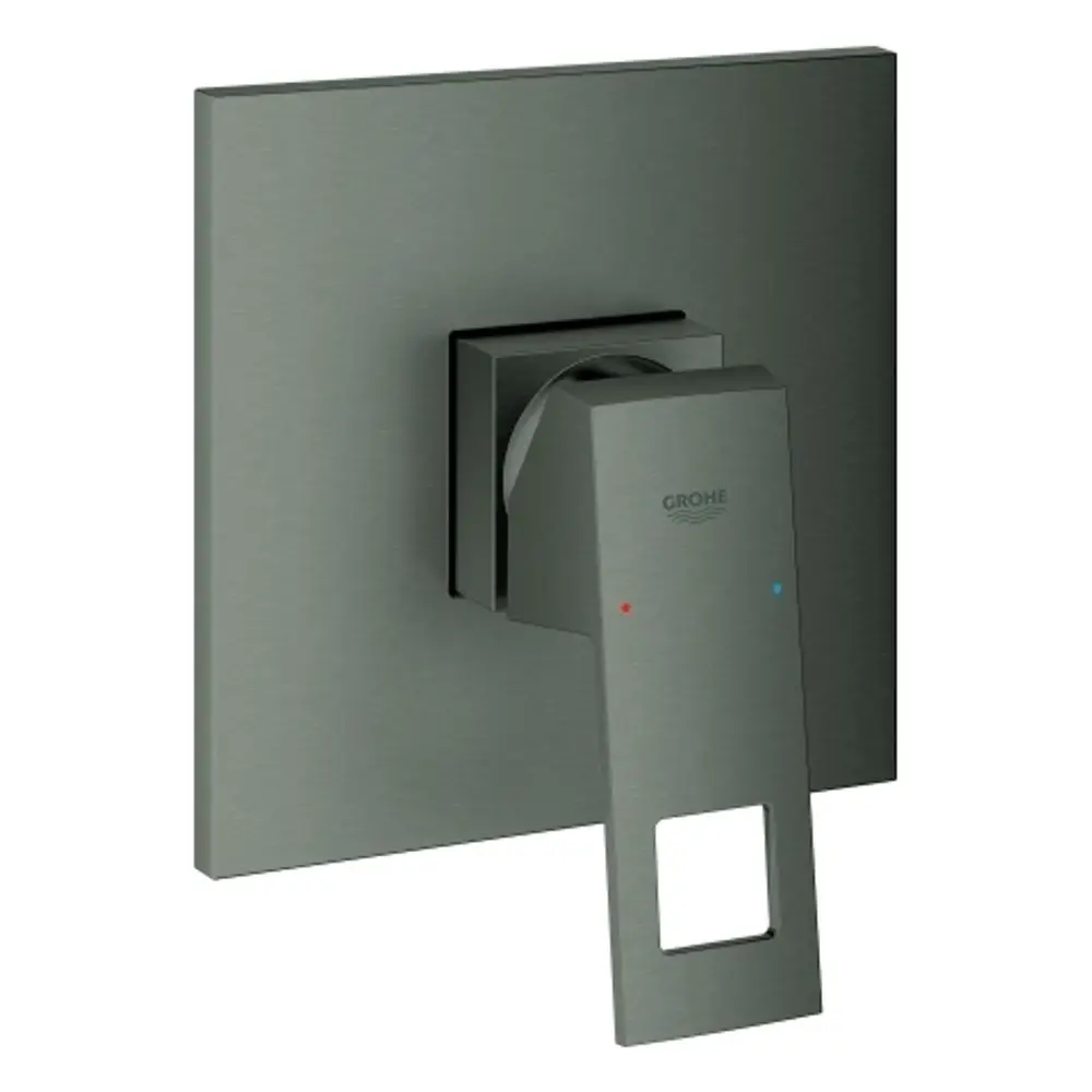 Brausebatterie von Grohe mit quadratischem Deckel und einem drehbaren Hebel zur Temperatur- und Wassermengenregelung, gestaltet in einer matten grauen Oberfläche.