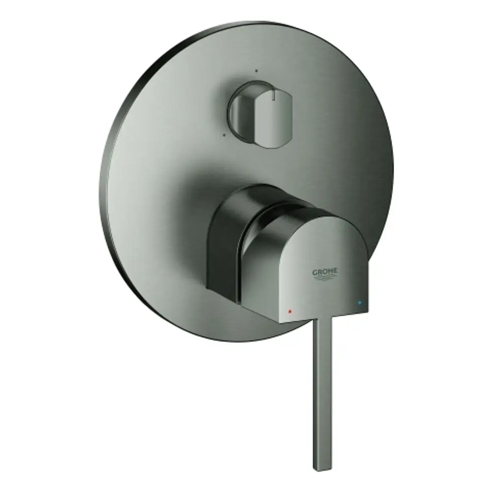 Einhandmischer von Grohe in mattem Grau, mit einem runden Deckel und zwei Bedienelementen für Temperatur und Wasserfluss, montiert auf einer runden Rückplatte.