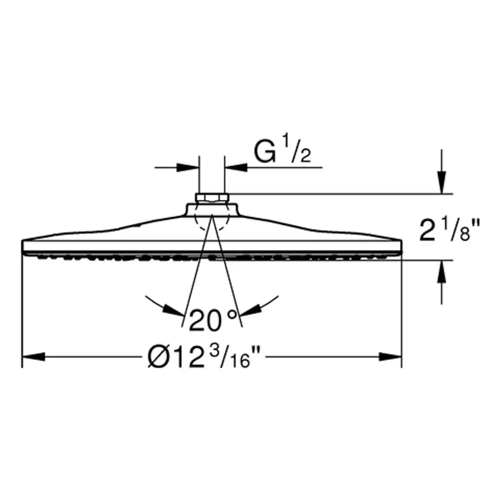 Grohe Kopfbrause mit einem runden, flachen Design und zentralem Anschluss. Das Produkt zeigt einen Durchmesser von 12 3/16" und eine Höhe von 2 1/8".