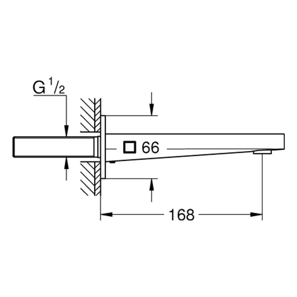 Wandmontierte Armatur von Grohe mit einer Ausladung. Der Anschluss ist für die Wandmontage vorgesehen. Darstellung einer technischen Skizze mit Maßen.