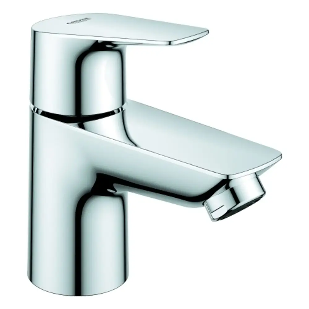 Chromenes Standventil von Grohe mit flacher Oberseite und seitlichem Auslauf, geeignet für Einlochmontage. Dezent modernes Design für Badezimmeranwendungen.