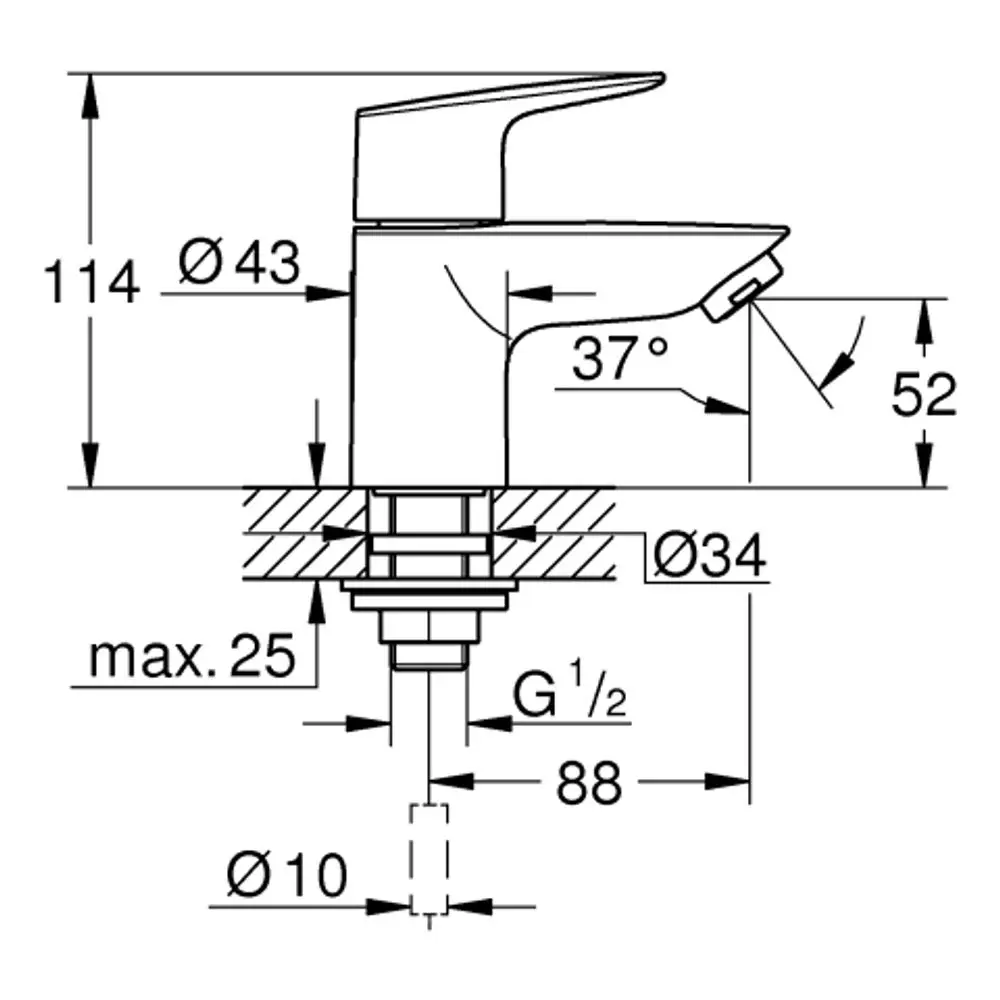 Küche-Wasserhahn von Grohe mit einem Schwenkauslauf und Einlochmontage. Technische Zeichnung mit Maßen und Anschlussdetails.
