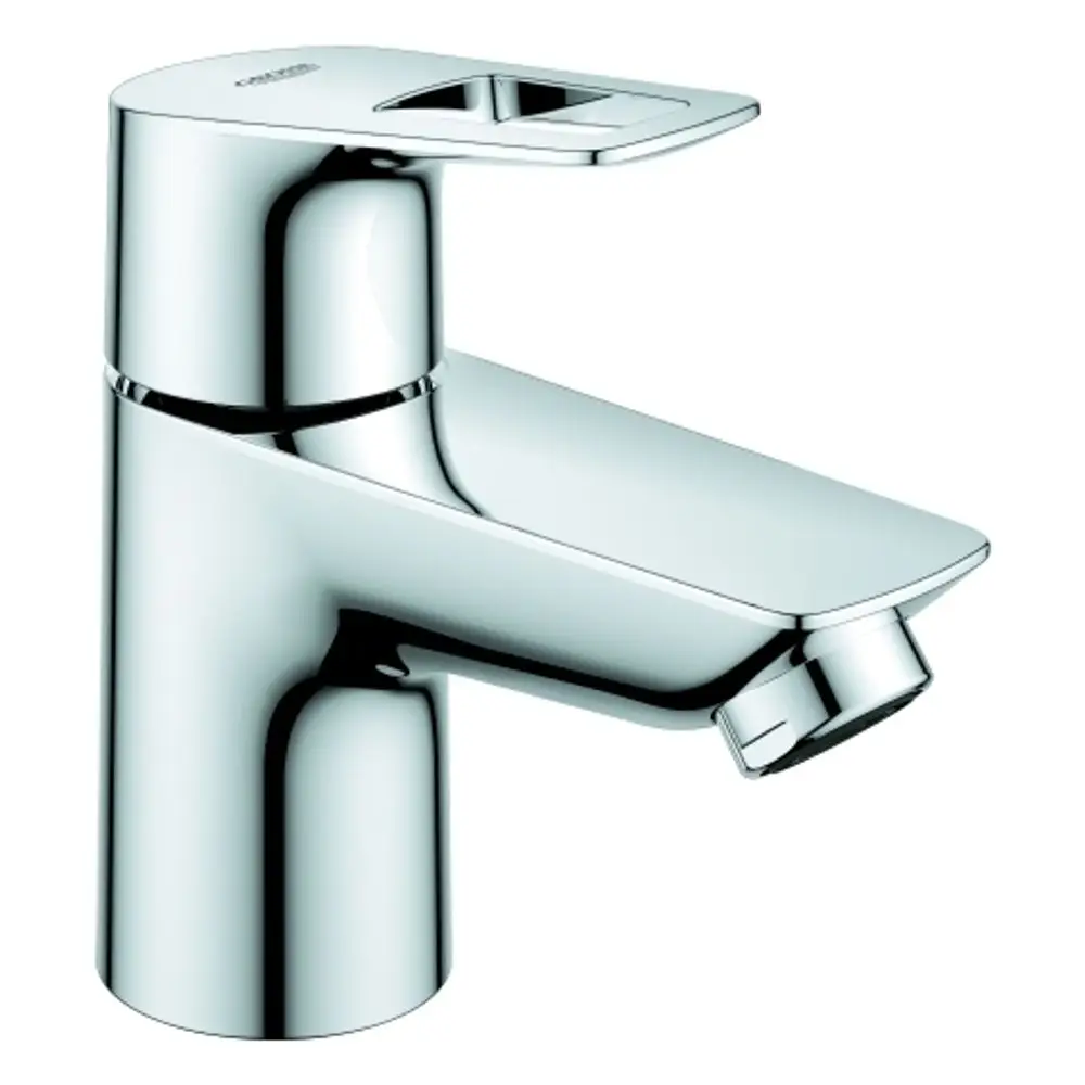 Chromfarbenes GROHE Standventil mit einem平斜 förmigen Auslauf und einer Bedienung über einen Hebel, für die Einlochmontage geeignet.