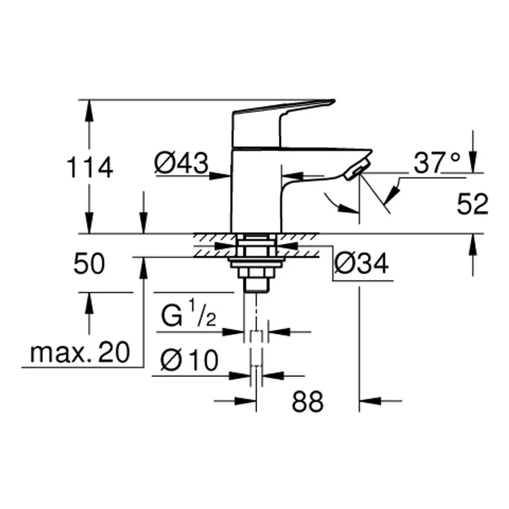 GROHE Standventil mit Einlochmontage und chromfarbener Oberfläche, dargestellt in technischer Zeichnung mit Maßangaben und Schnittansicht.