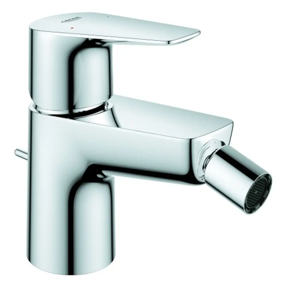 Chromfarbener Einhebelmischer für ein Bidet, mit seitlichem Hebel und abgerundetem Auslauf, designed von Grohe zur Einlochmontage.