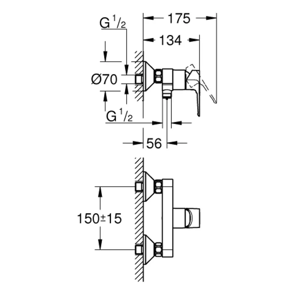 Grohe Brausebatterie mit Wandmontage. Technisches Diagramm zeigt Maße und Anschlussdetails, einschließlich Gewinde und Befestigungspunkte.