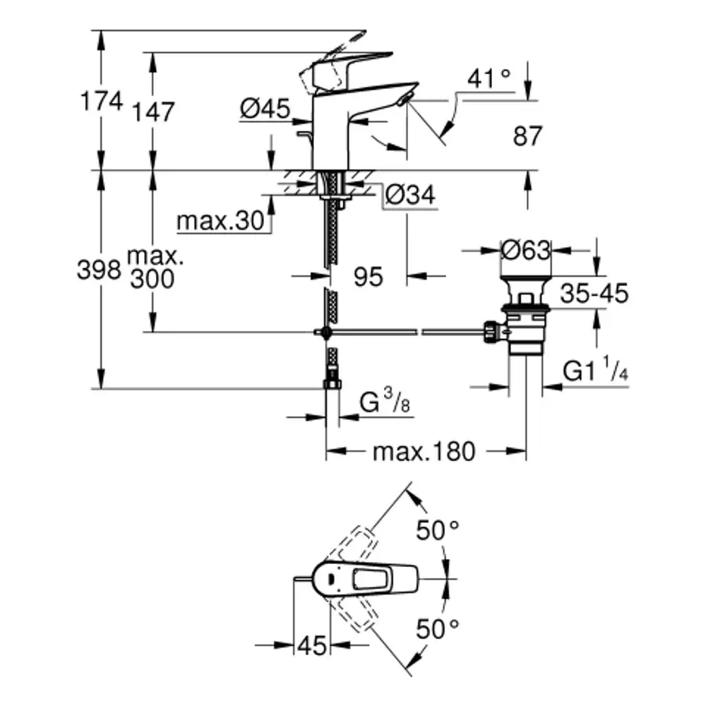 Grohe Armatur mit einseitiger Hebelsteuerung, montiert auf einer Edelstahlbasis. Zeichnung zeigt Maße und Installationsdetails für Badezimmeranwendung.