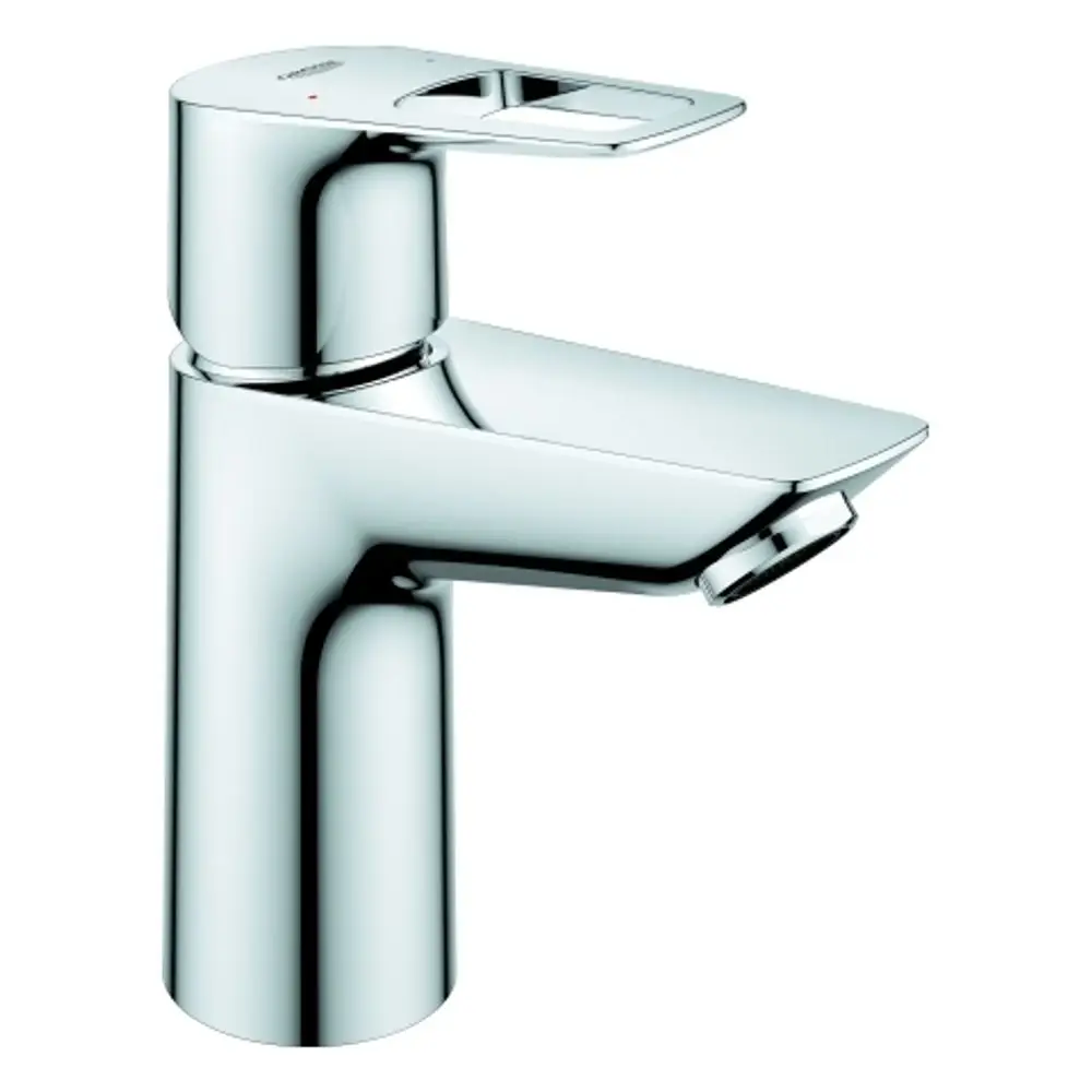 Grohe Wasserhahn in Chromoptik mit flacher Auslaufkante und einfacher Bedienung über einen seitlichen Hebel. Geeignet für Waschtische.